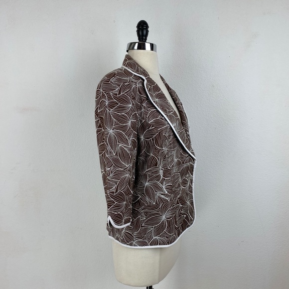 Nygard Linen Brown White Embroidered Blazer Jacket 12P Lined Hooks 3/4 Sleeves - Picture 7 of 8